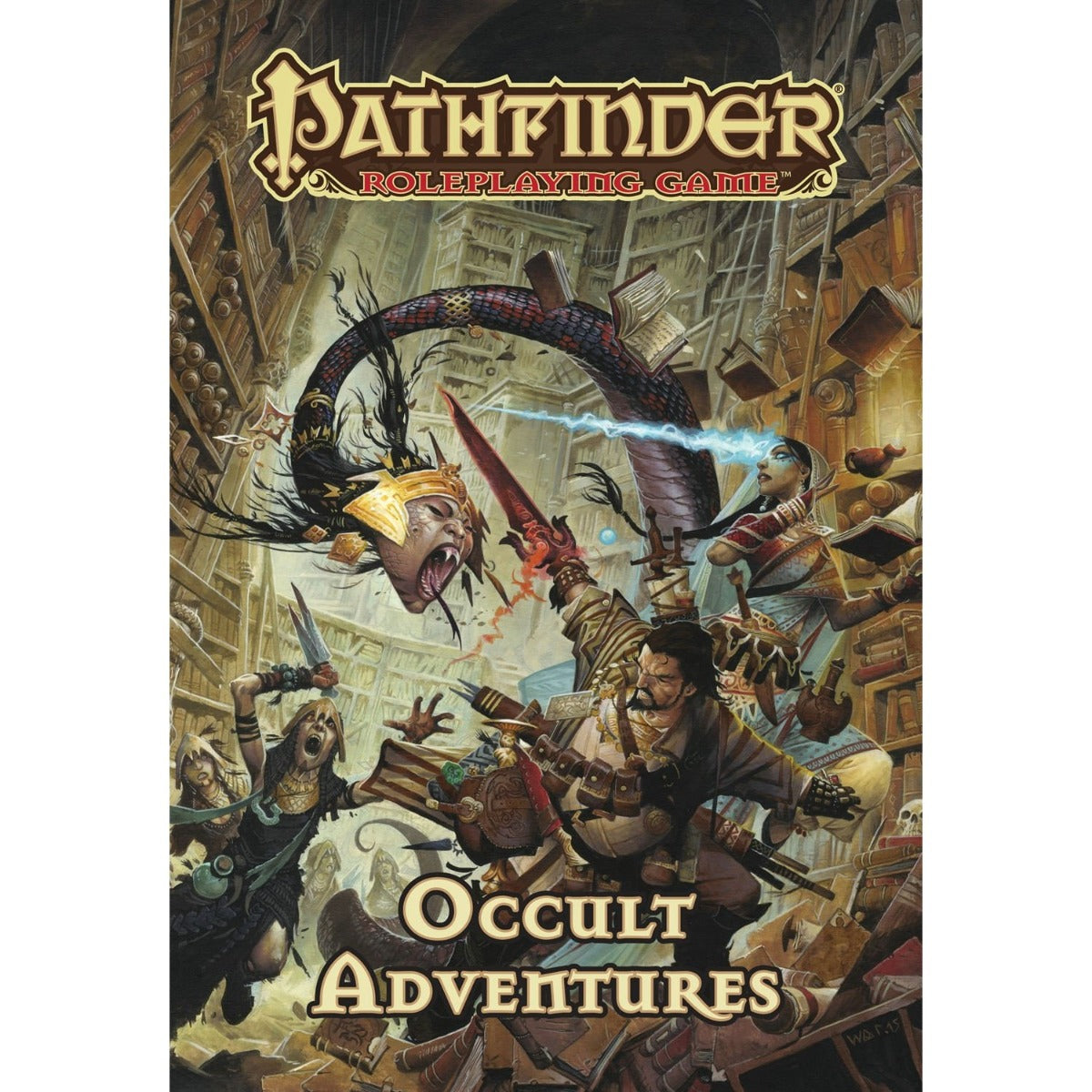 Pathfinder Occult Adventures: Adventurers battle a monstrous snake-creature with a floating fanged head in a chaotic library