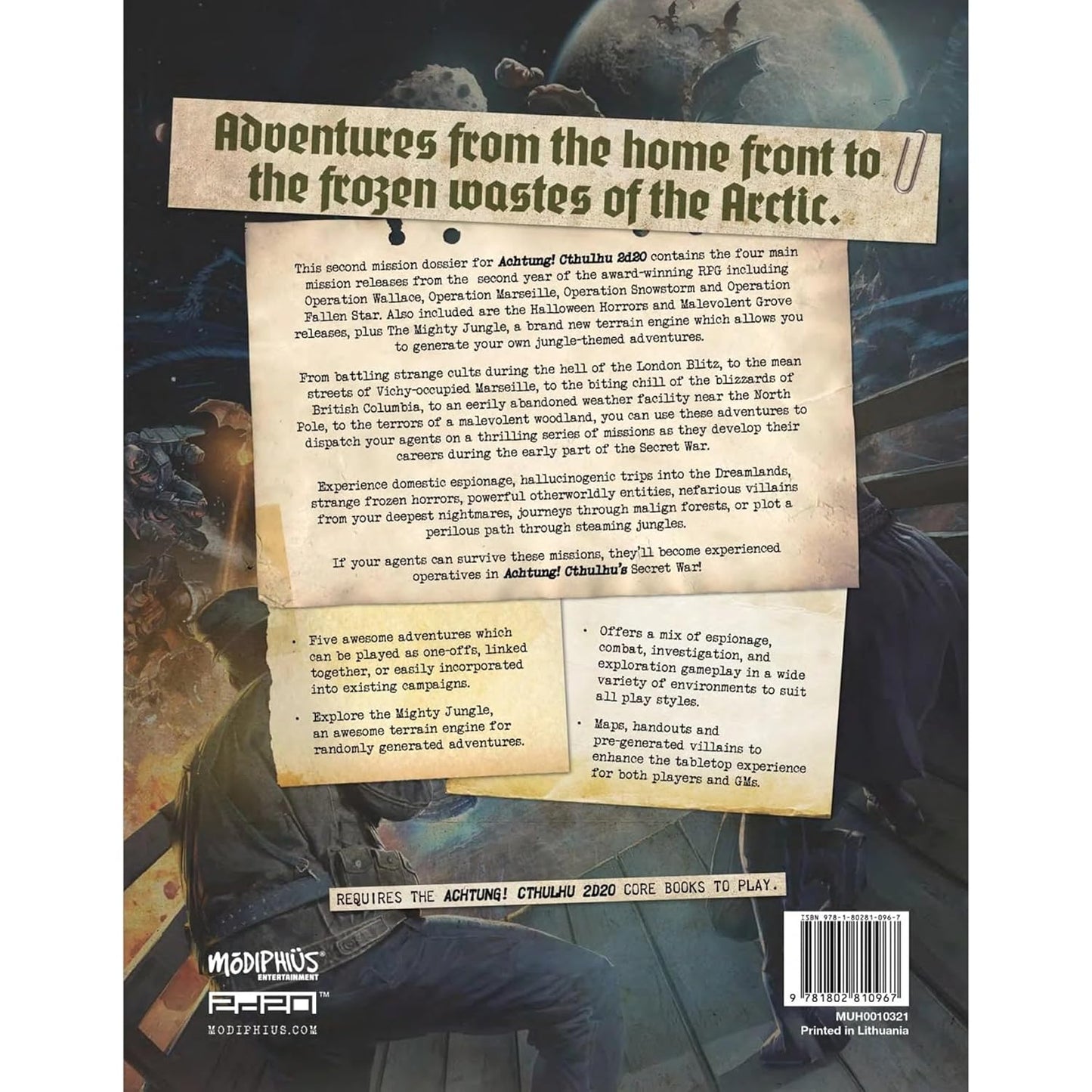 Back cover of Achtung! Cthulhu RPG, showing a soldier looking at a dark, arctic landscape with flying creatures.