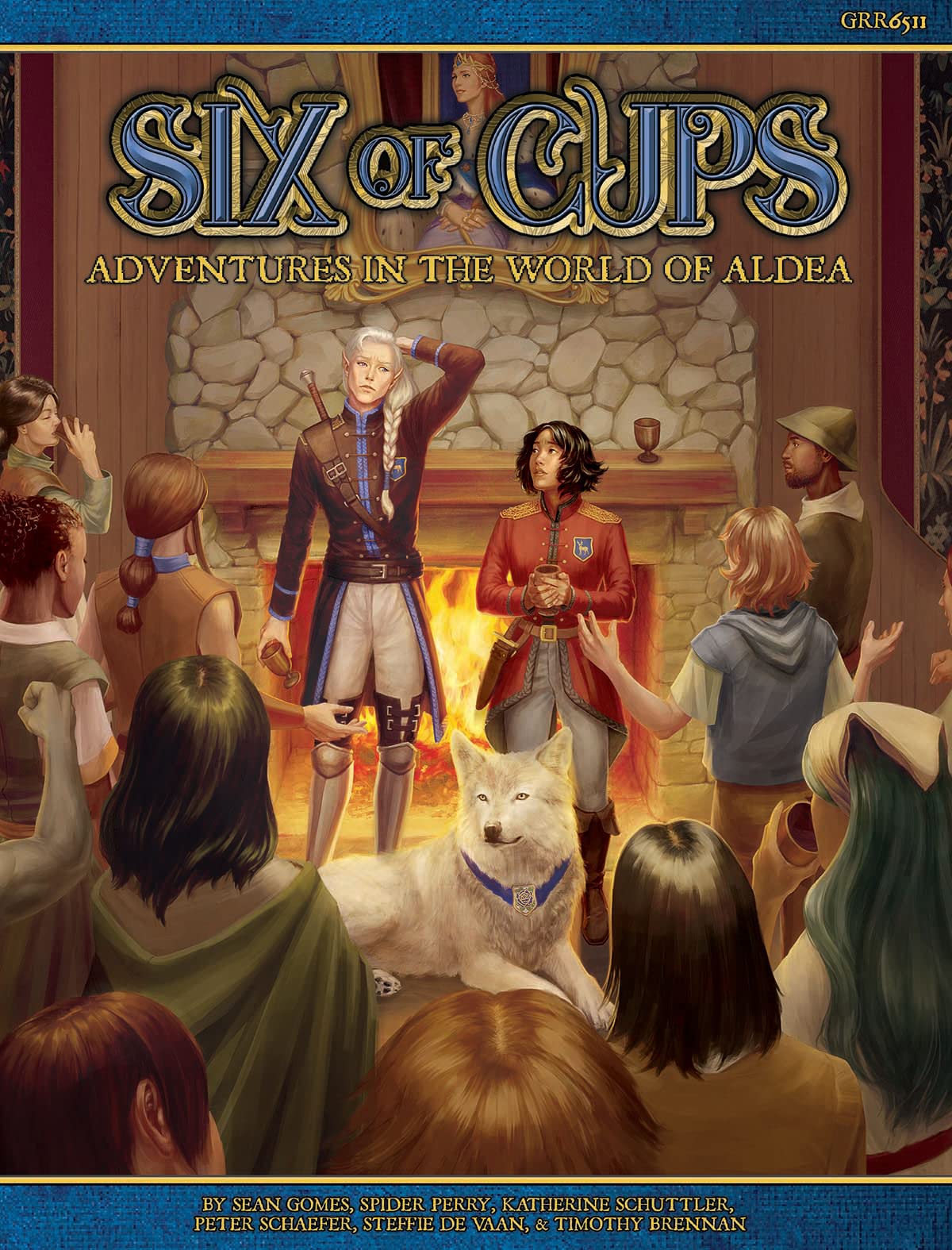 A white-haired elf, a person in red, and a white wolf are central to a diverse group gathered by a fireplace.