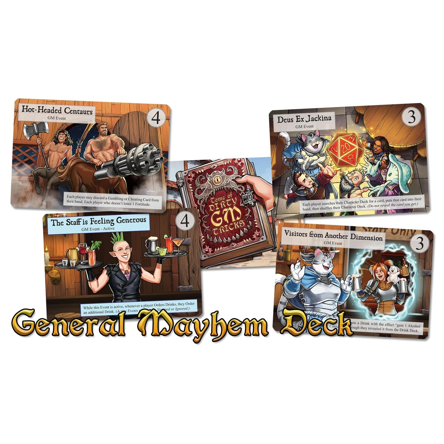 Fantasy game cards and a "Tome of Dirty GM Tricks" book displayed, labeled "General Mayhem Deck."