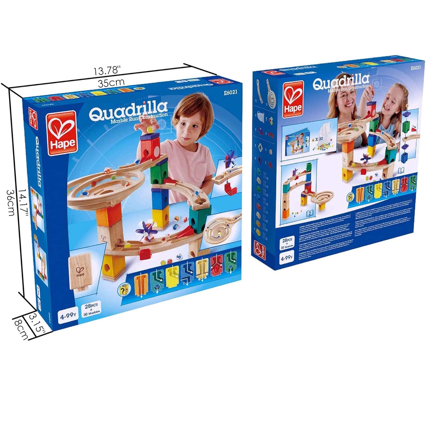 Hape Quadrilla Marble Run construction toy boxes featuring a boy playing
