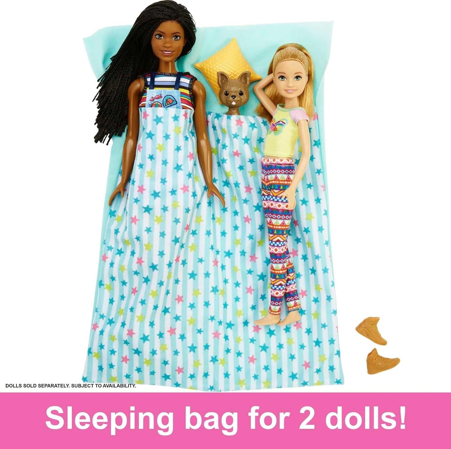 Two Barbie dolls (one dark-skinned - one blonde) and a dog in a star-patterned sleeping bag with a pillow and shoes