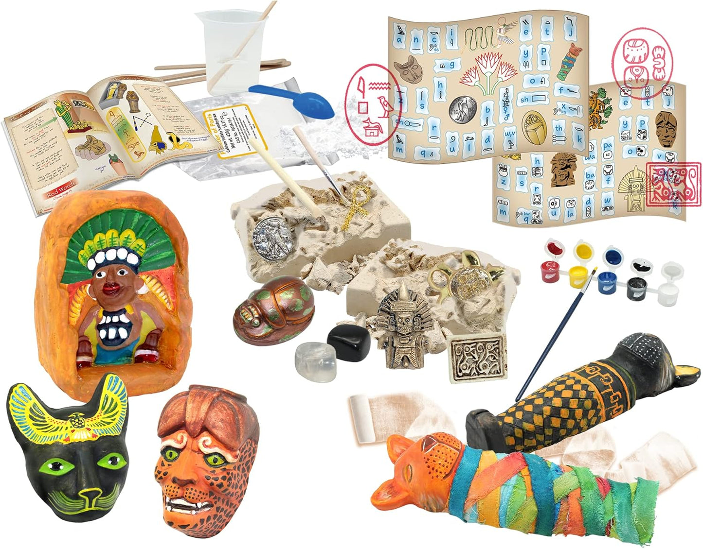 Educational craft and dig kit featuring Egyptian and Mayan artifacts, paint, mummies, and charts