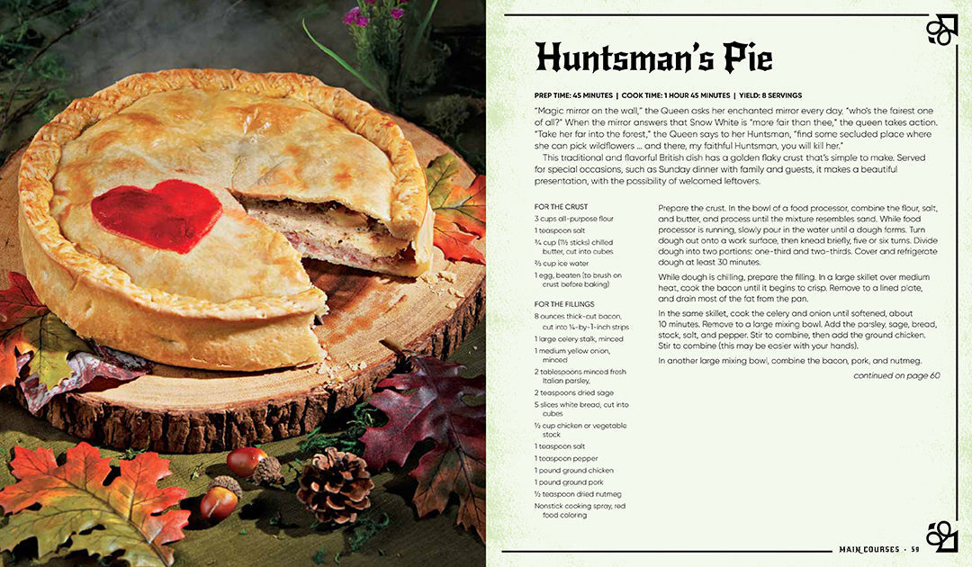 Insight Editions Disney Villains cookbook page displays a golden Huntsman's Pie with a red heart, a slice cut to reveal the meaty filling, on a wood board beside the recipe