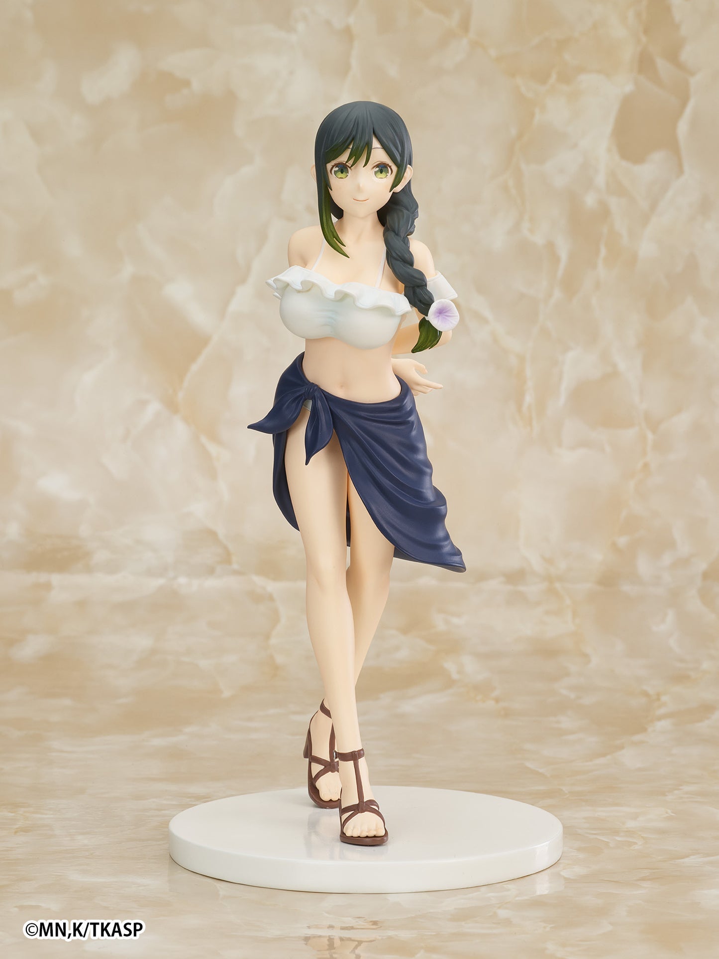 Anime girl figure with dark green braided hair and flower, white ruffled bikini top, blue sarong, and brown sandals