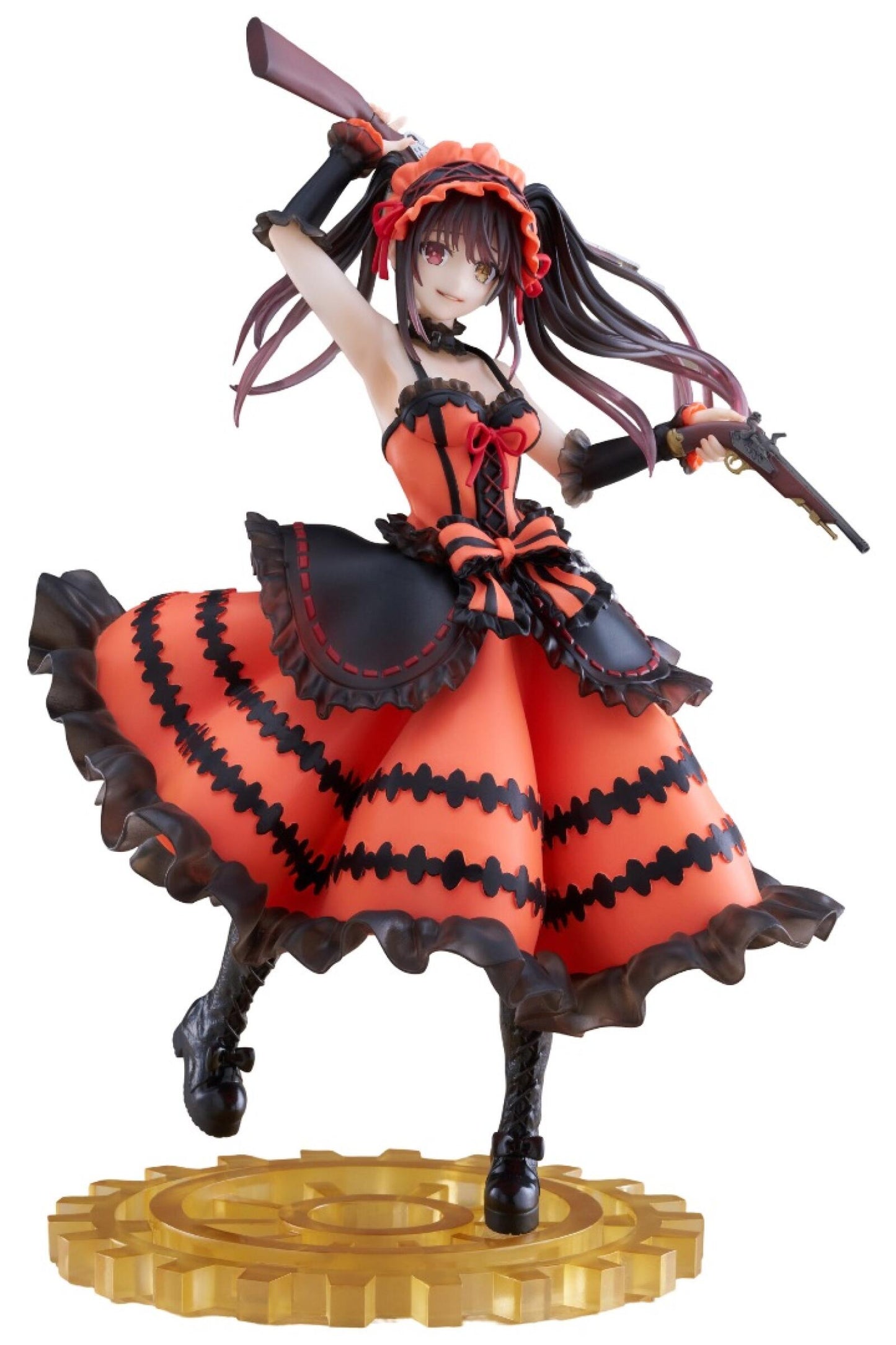 Anime figure in orange & black ruffled dress, dark hair, holding two firearms, with striking red and yellow eyes