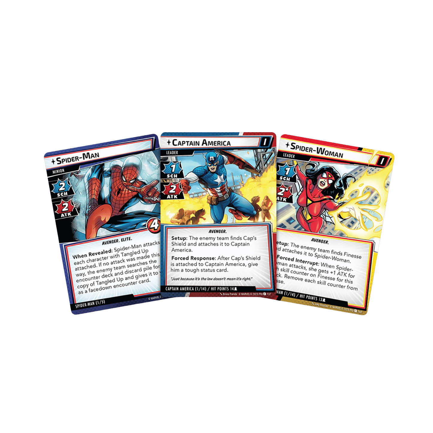 Three Marvel Champions The Card Game cards featuring Spider-Man, Captain America, and Spider-Woman are angled on a dark green background