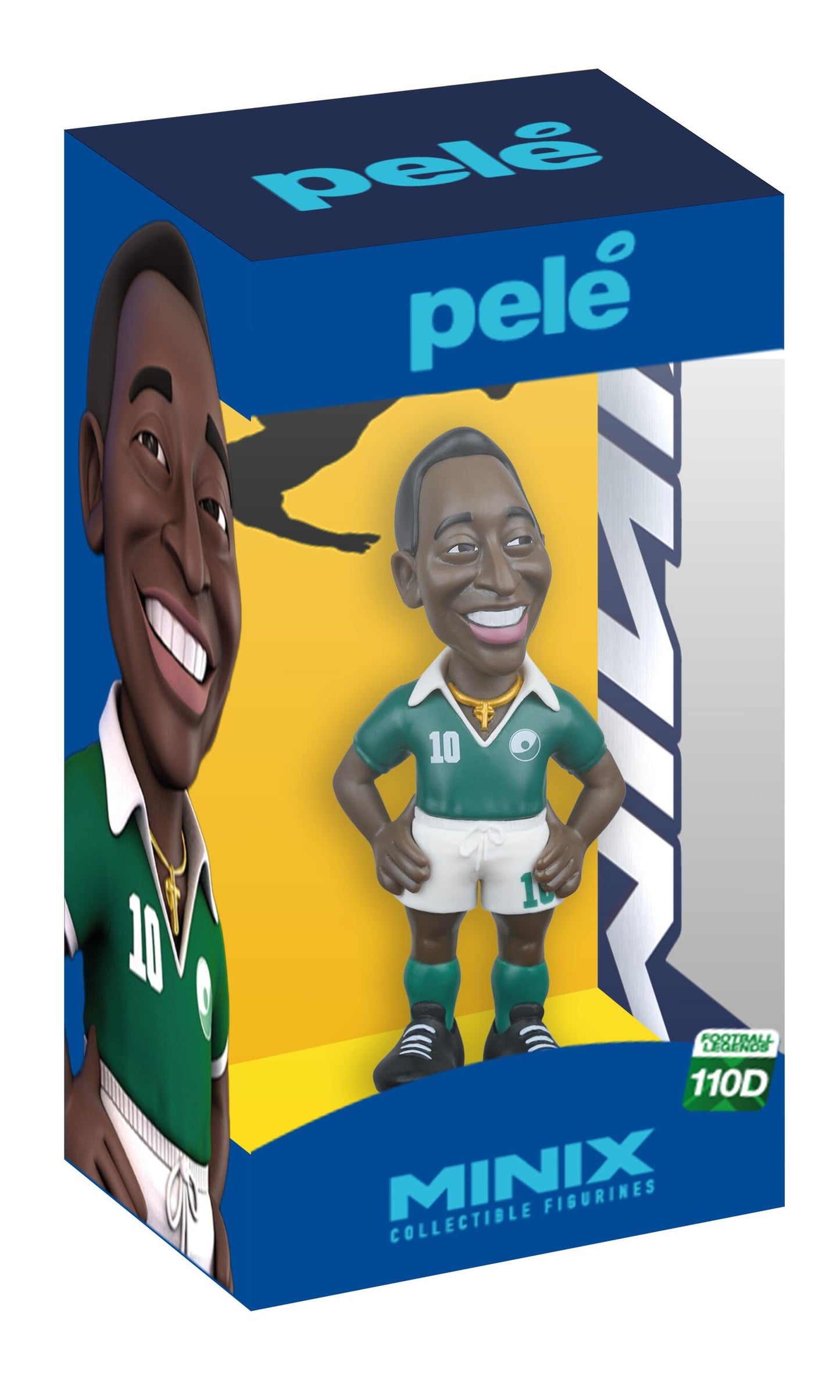 A cartoonish MINIX Pelé figure wearing a green number 10 jersey and white shorts, smiling with hands on hips, displayed inside a blue and yellow collectible box