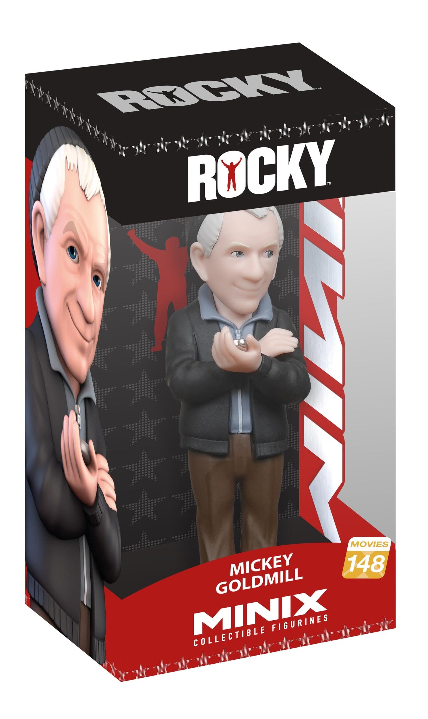MINIX Rocky Movies 148 Mickey Goldmill collectible figure in its black and red window box, displaying the smiling elderly character holding a small object