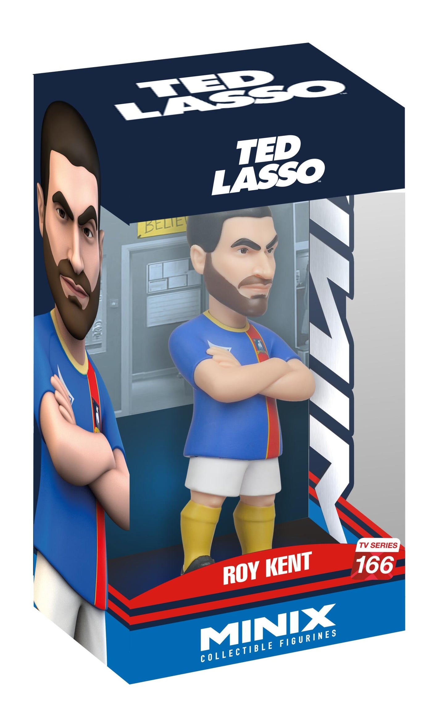 A MINIX Ted Lasso Roy Kent figure (TV Series 166) is displayed in a blue box with a clear window, showing the scowling character in a blue jersey, arms crossed, against a locker room backdrop