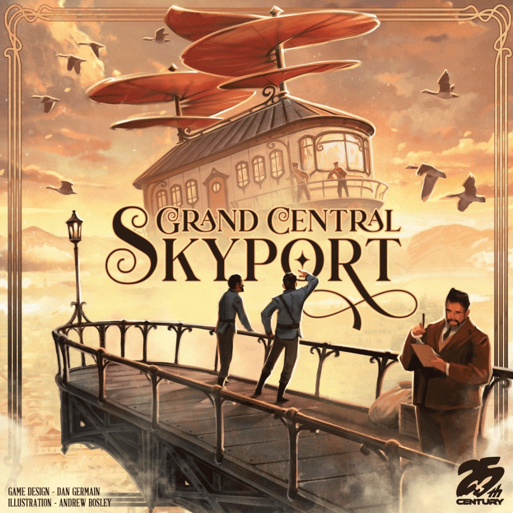 Game cover: Men on a sky bridge, one points toward a multi-winged airship in a golden sky.