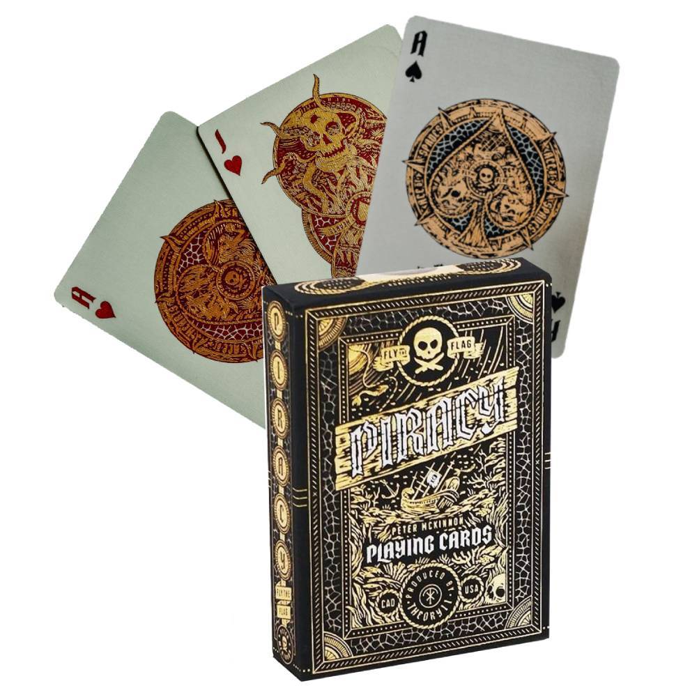 Black and gold Piracy playing card deck box with three stylized Aces displayed