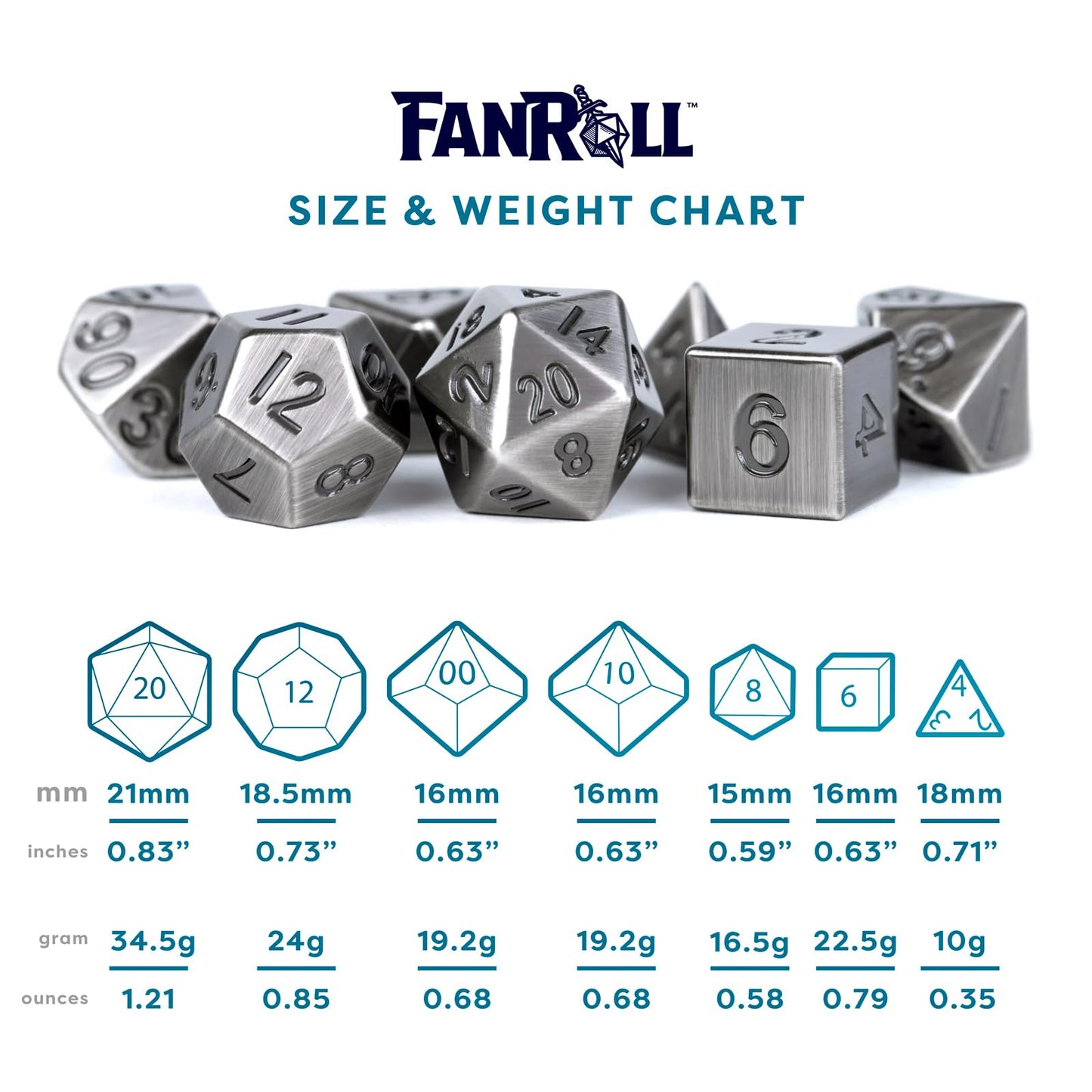 Antique silver metal polyhedral dice are shown above a size and weight chart that details dimensions ranging from 15mm to 21mm and weights up to 345 grams