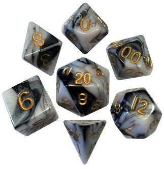 Marble gold, grey and black custom dice set on a white background