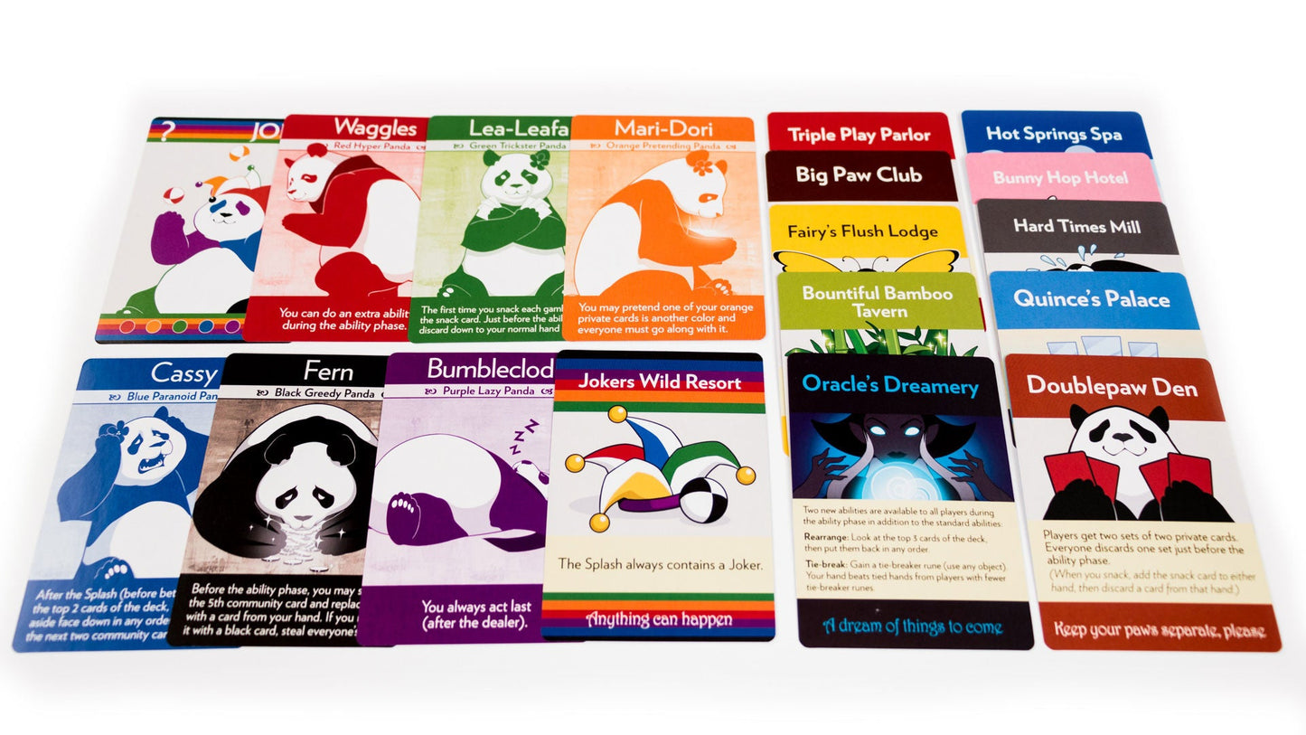 Detailed view of panda-themed cards and chips with vibrant colors