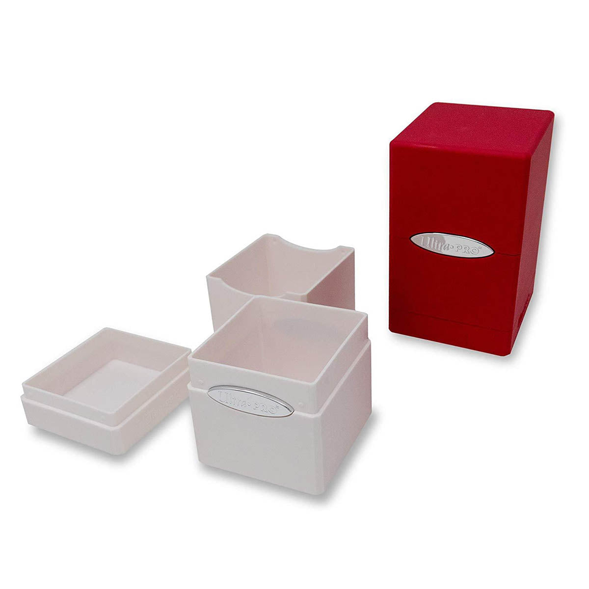 A red Ultra Pro card deck box and two white boxes, shown open with a detached lid