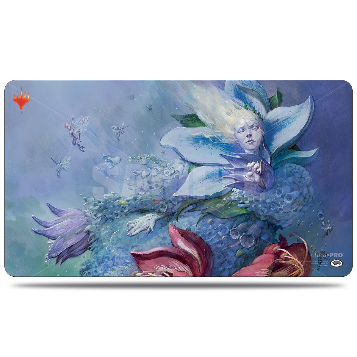 Ultra Pro Legendary Collection Oona Queen of the Fea Playmat featuring Ethereal woman with long blonde hair emerges from a large blue flower, surrounded by flying fairies