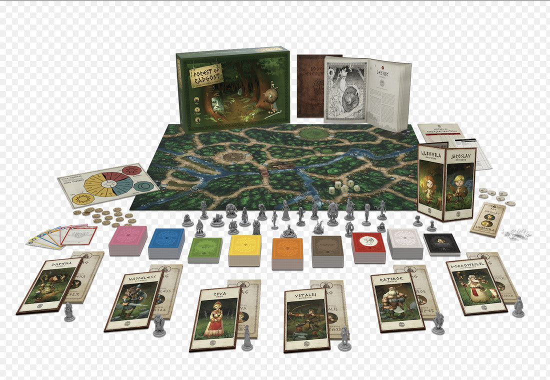 Board game components displayed, including cards, tokens, standees, and a central game board with forest artwork