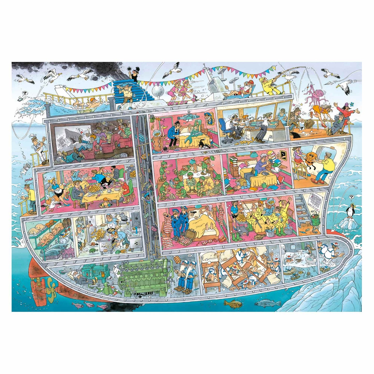 An extremely busy cartoon puzzle image showing a cross-section of a cruise ship packed with hilarious and messy maritime mishaps