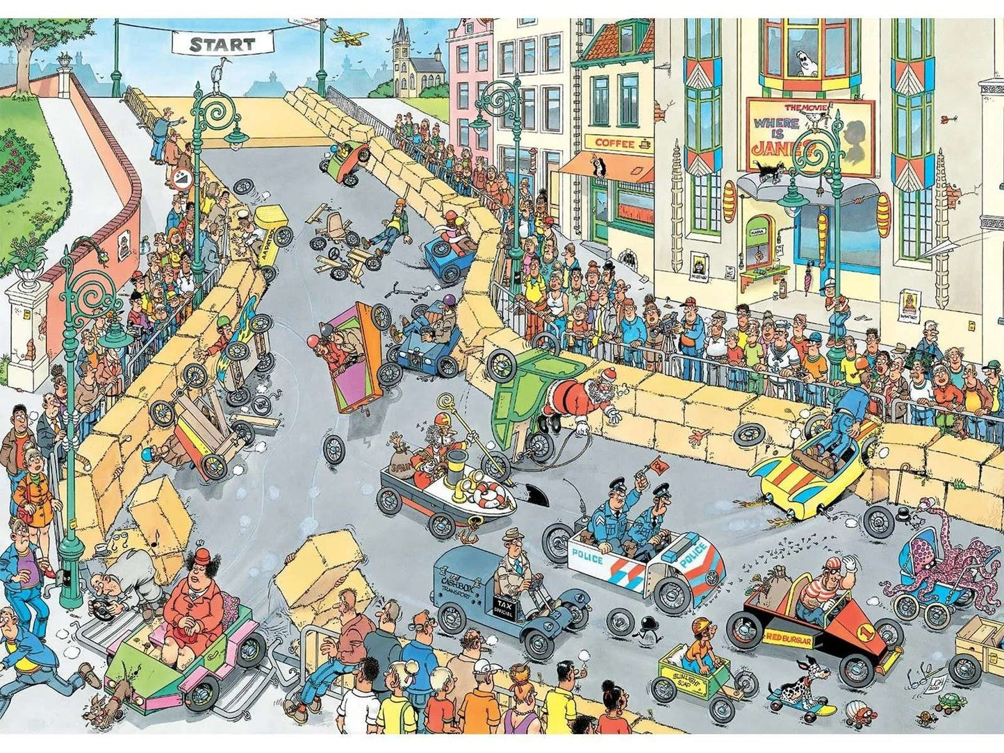 Detailed illustration of the Soapbox Race jigsaw, capturing a chaotic descent down a city hill with crashing carts, overturning racers including Santa, and cheering crowds