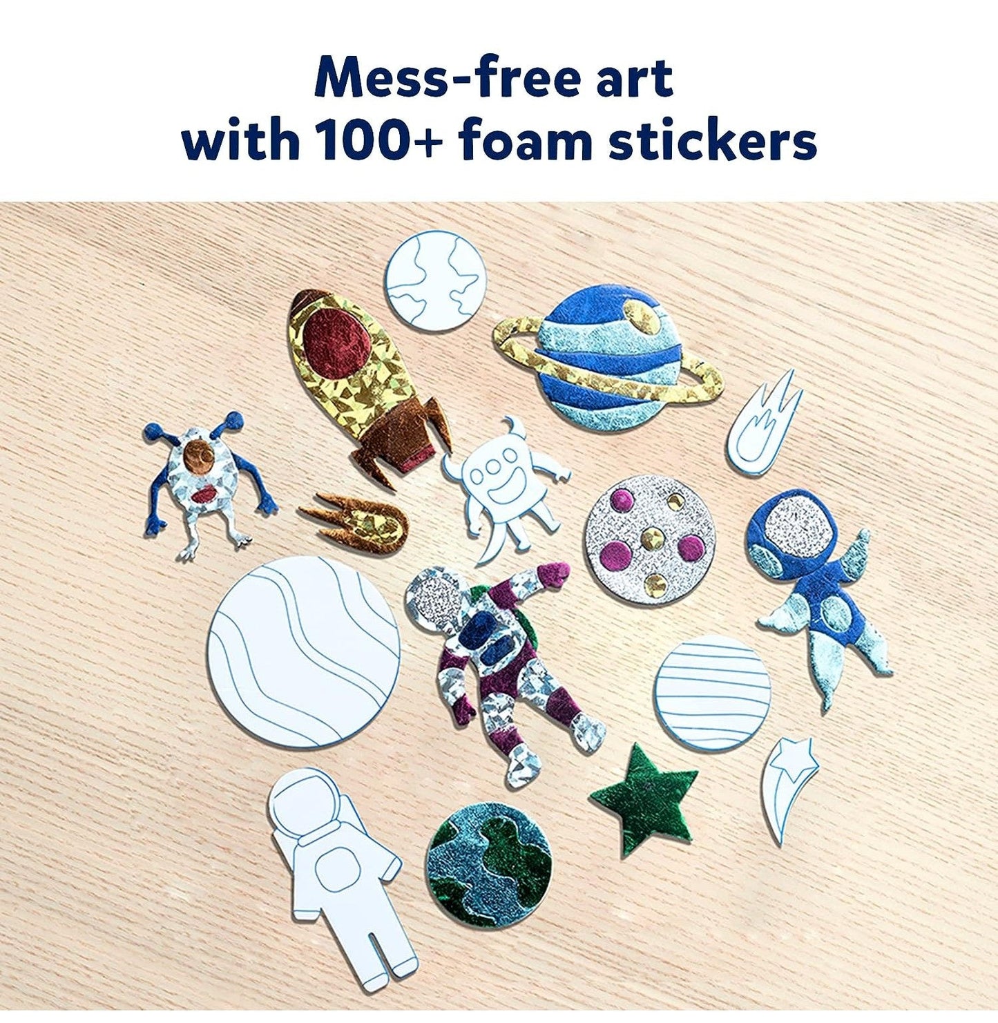 An array of colorful, textured foam and foil stickers featuring astronauts, stars, planets, and rockets arranged on a light wood table with overlaid marketing text