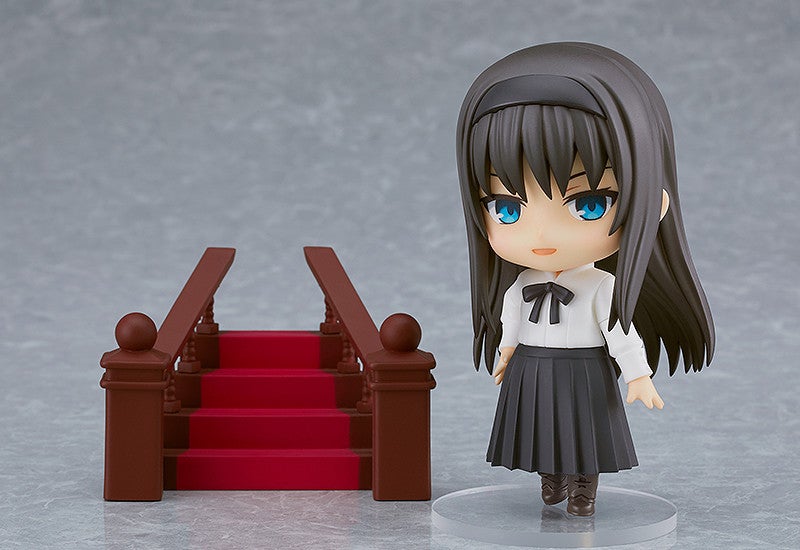 Nendoroid figurine of Shiki Ryougi from The Garden of Sinners standing beside a mini staircase with red carpet