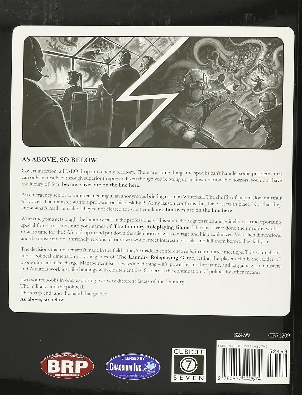 Divided illustration: Agents in a control room, soldiers battling tentacled, eldritch monsters