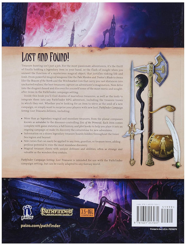 Pathfinder RPG book back cover displays fantasy items: ornate sword, skull staff, golden axe, shield, and feather, with dark ruins under a red moon