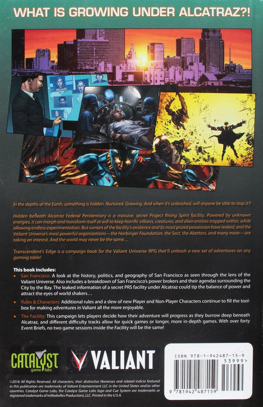 Valiant Universe RPG Transcendent's Edge campaign book back cover showing cityscape medical scene and character art