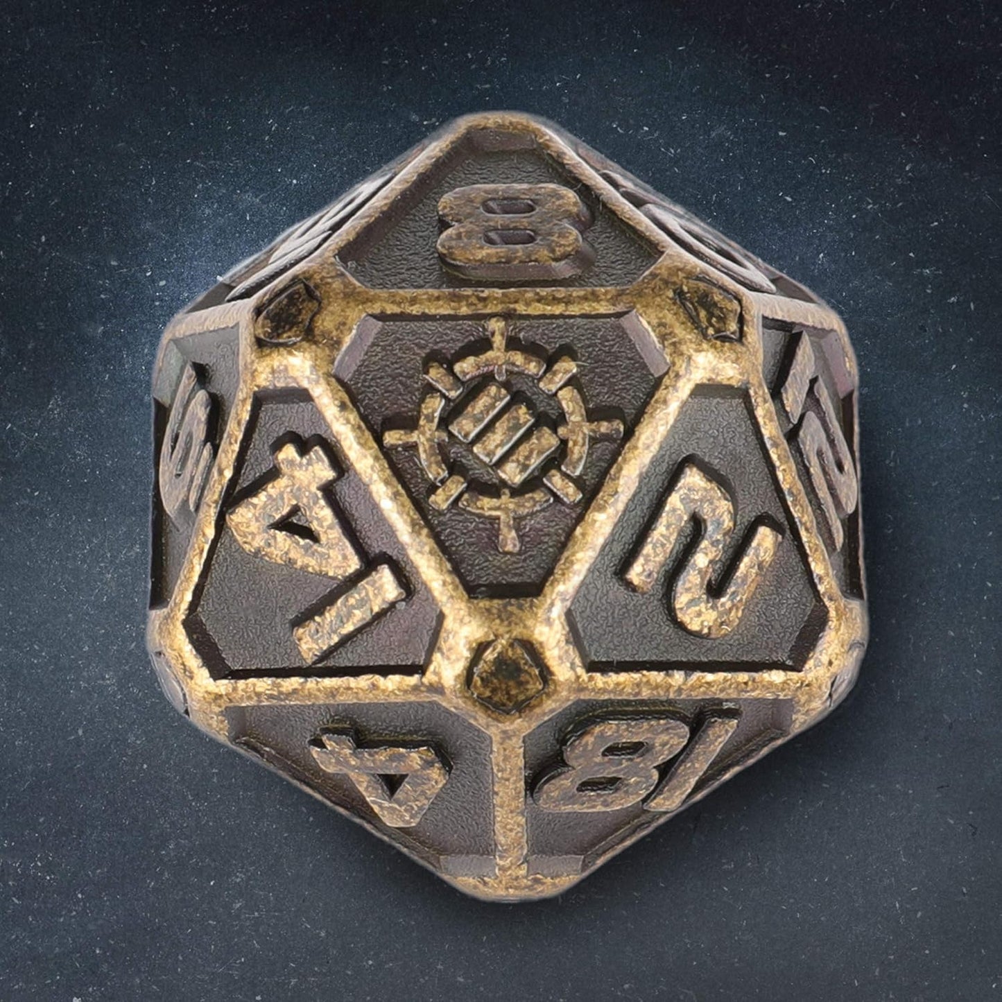 A metallic, aged bronze 20-sided die with numbers and a central gear-like symbol on a dark background