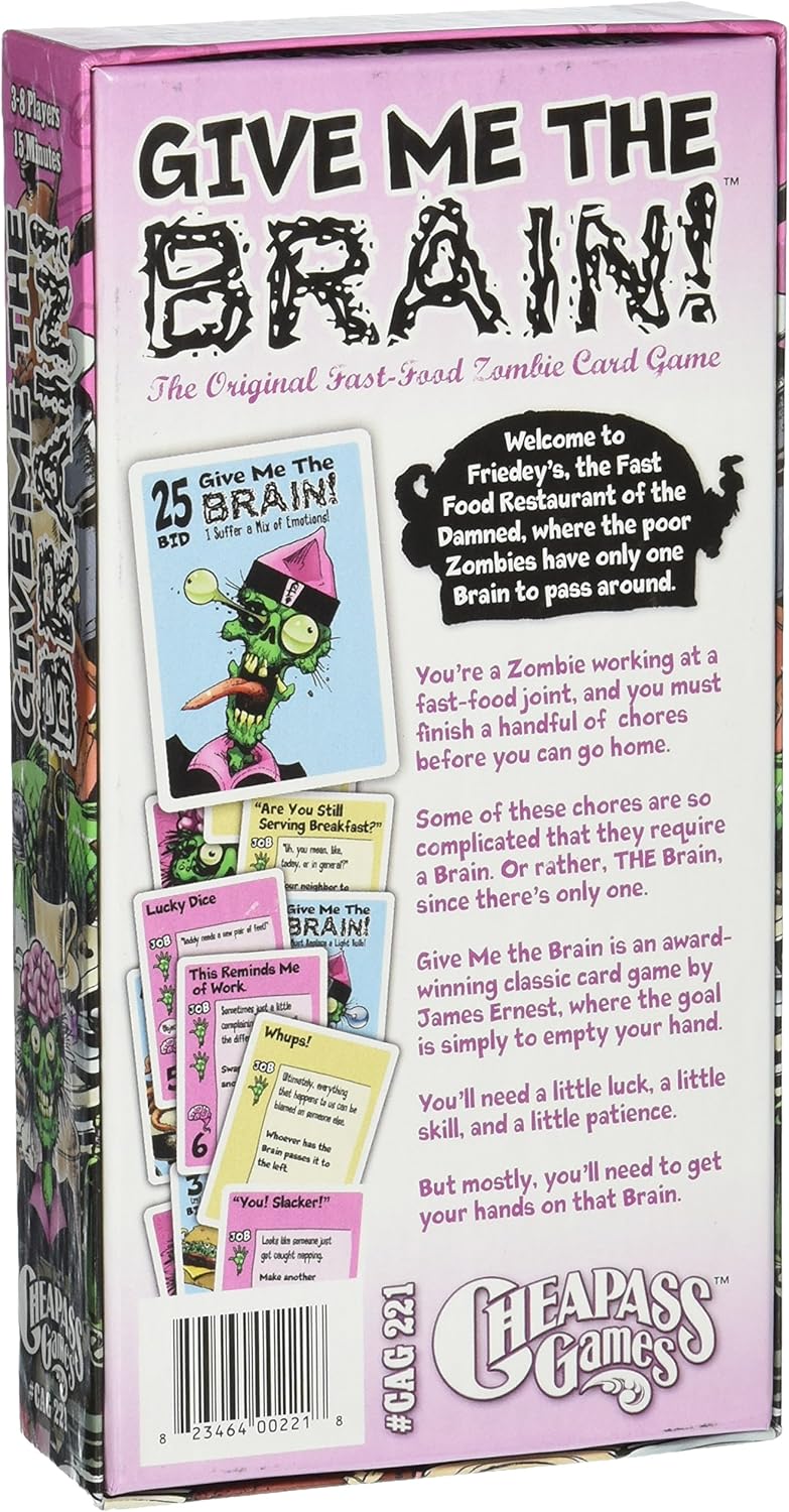 Back of "GIVE ME THE BRAIN!" fast-food zombie card game box, showing a cartoon zombie character and game cards