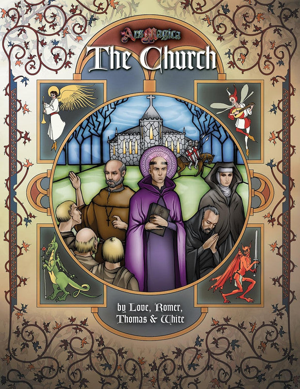 Ars Magica: The Church. Medieval art depicts religious figures and a church, flanked by divine, magical, and demonic creatures