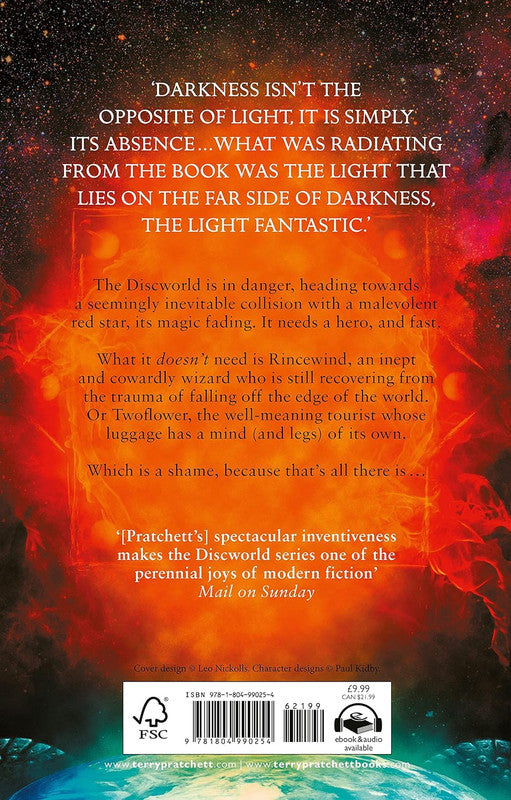 Back cover: Dark, starry space, a central fiery orange-red glow, and a blue Discworld at the bottom