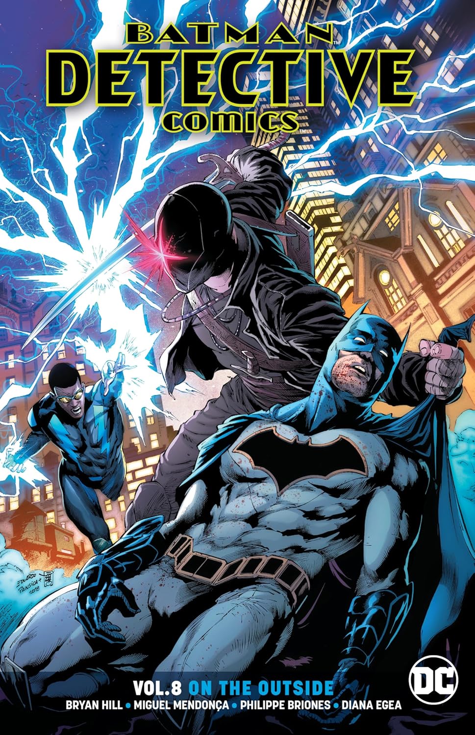 Batman: Detective Comics Vol. 8: On the Outside cover: Injured Batman lies as a masked villain with a sword looms over him