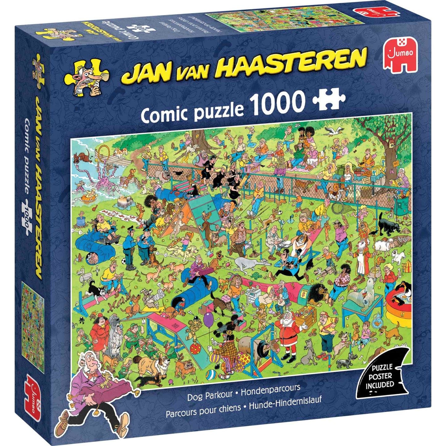 The blue box for the Jan Van Haasteren 1000-piece "Dog Parkour" comic puzzle shows a frantic cartoon illustration of a crowded dog agility competition