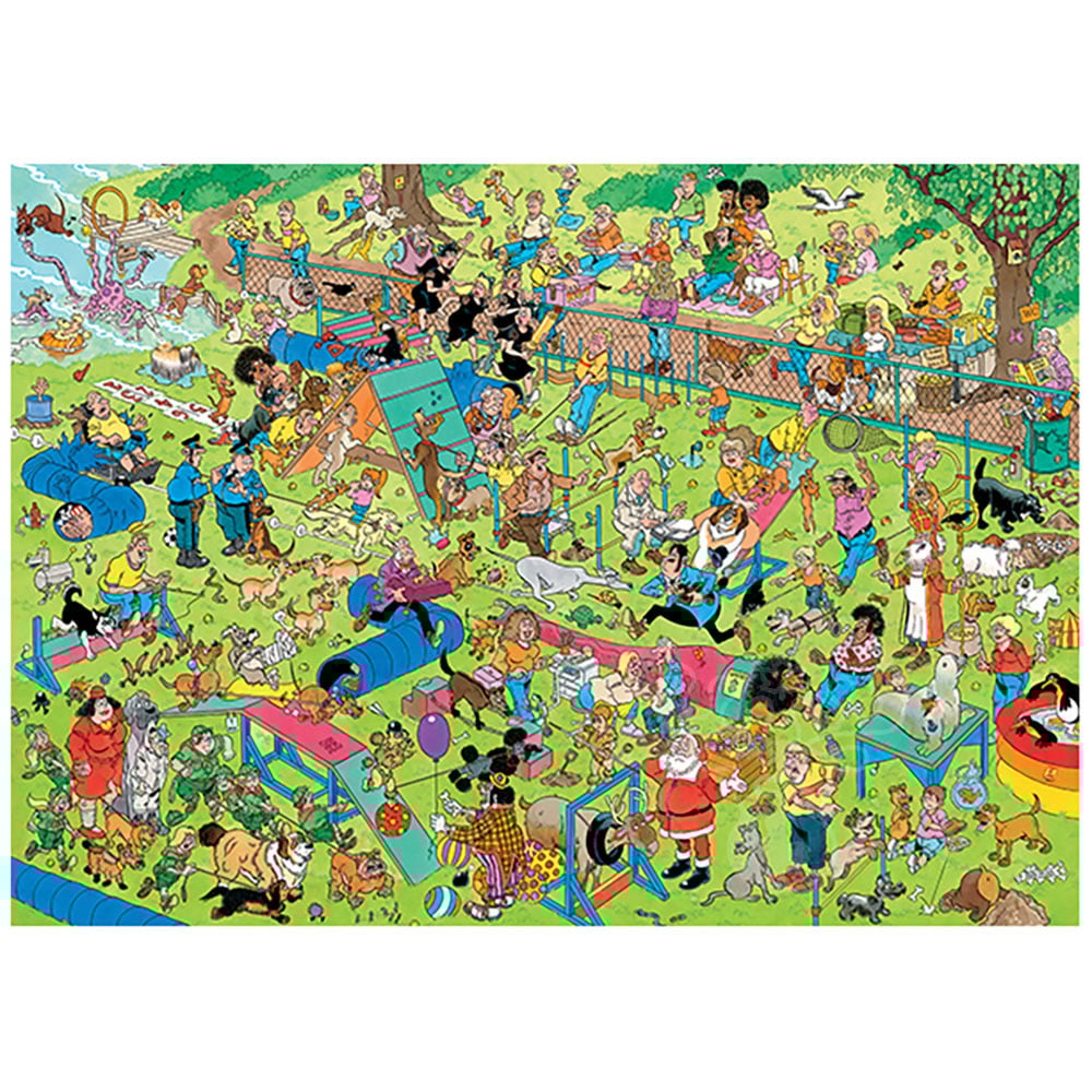 Jan Van Haasteren's colorful illustration for the Dog Parkour 1000 piece jigsaw puzzle displays dozens of cartoon people and dogs causing hilarious chaos on an agility course