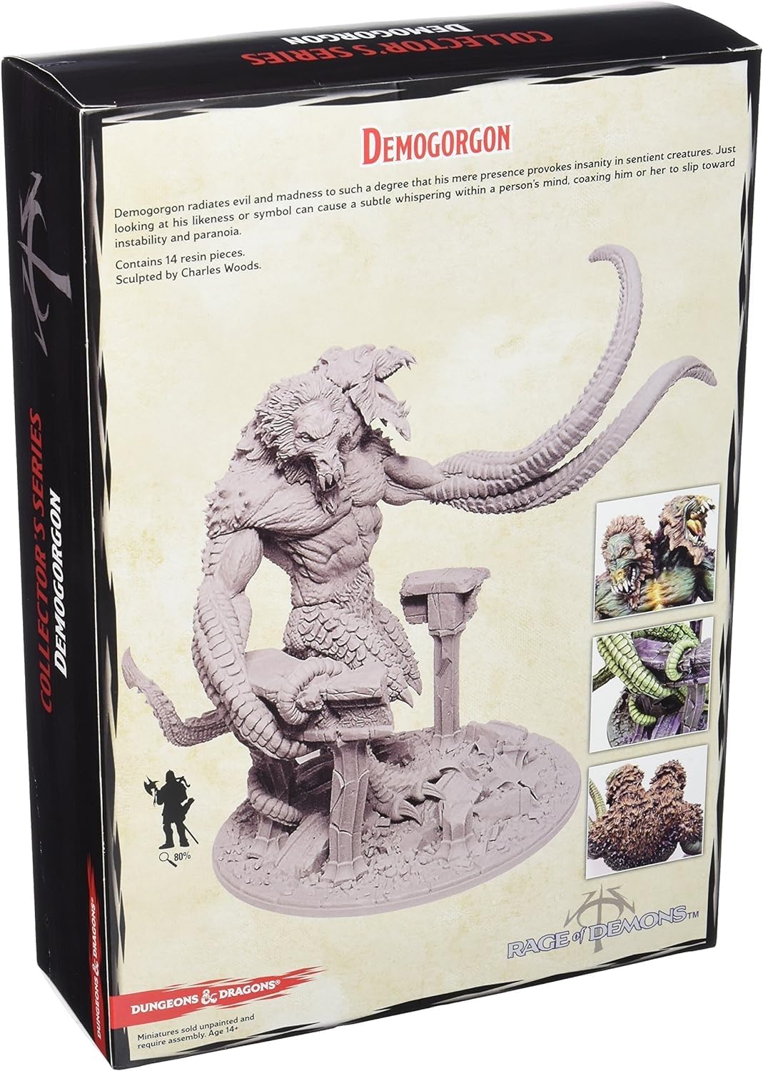 A Dungeons & Dragons Demogorgon miniature box showing an unpainted demon model with two heads, tentacle arms, and smaller images of painted components