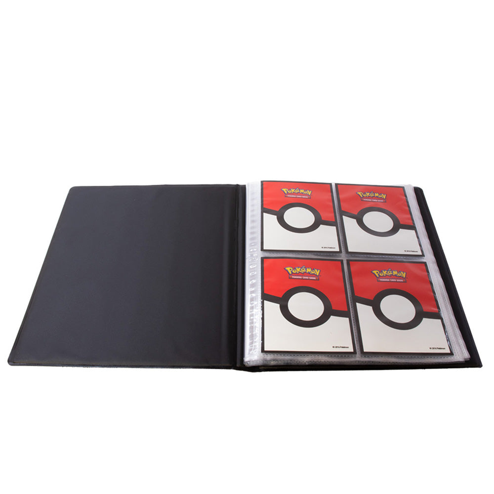 Open black trading card binder holding four Pokemon cards backed with a Poke Ball design