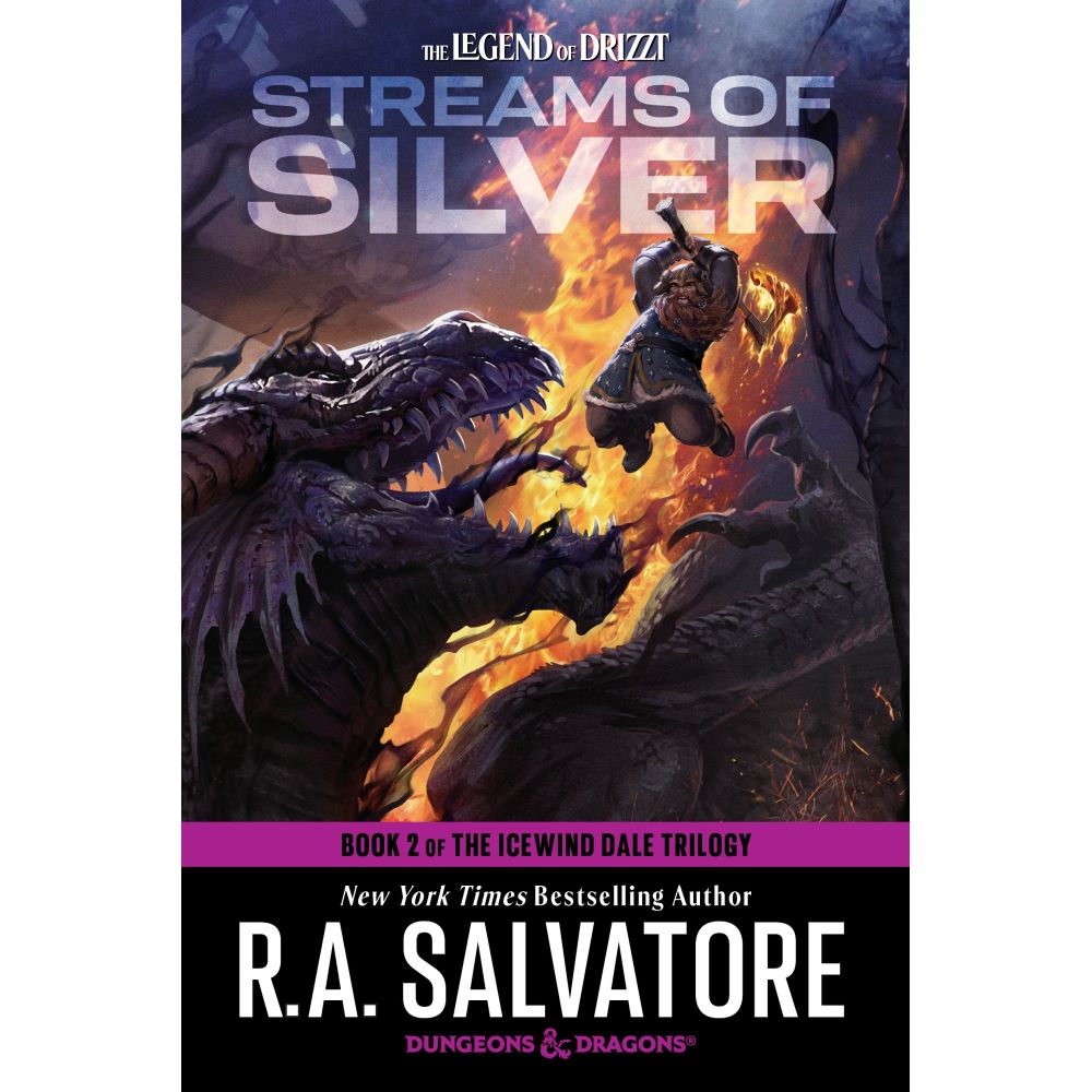 Book cover for Streams of Silver: A bearded dwarf leaps, axe raised, to strike a dark dragon amidst flames
