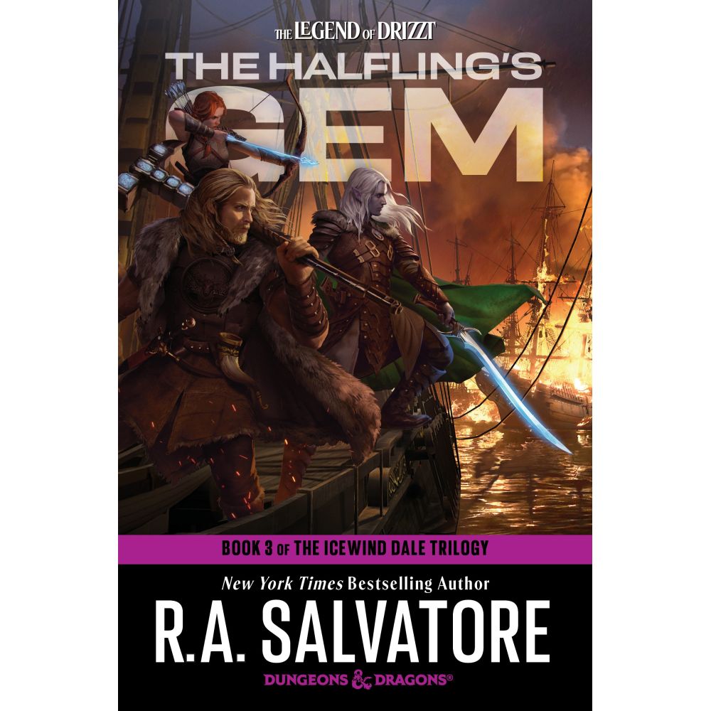 Book cover: Drow elf, warrior, and archer on a ship's deck, watching a burning fleet at sea