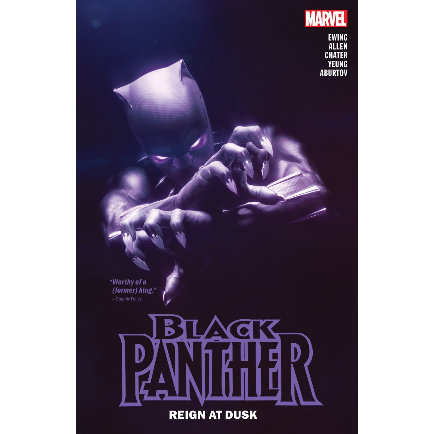 Black Panther comic cover: Hero in dark, sleek suit, glowing purple eyes, with sharp claws extended, lunging. Title: Reign at Dusk