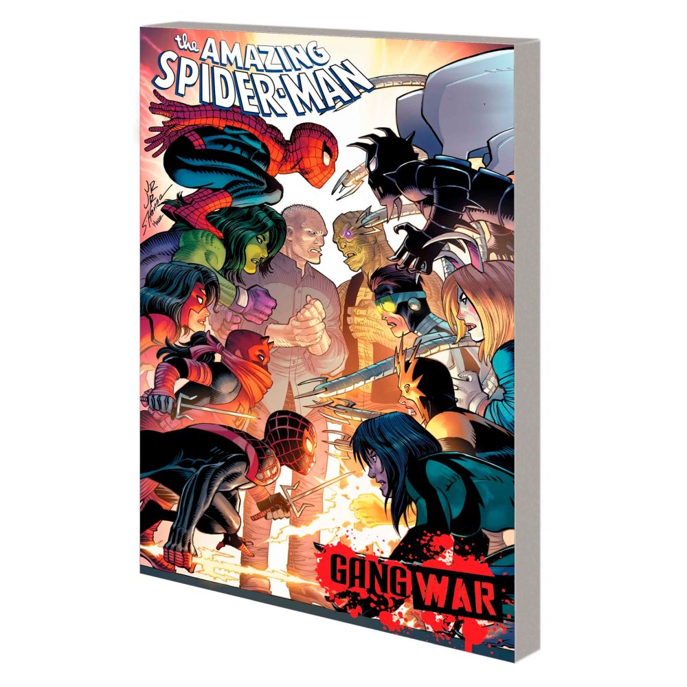 The Amazing Spider-Man: Gang War comic cover depicts classic Spider-Man - Miles Morales - and a large ensemble of characters