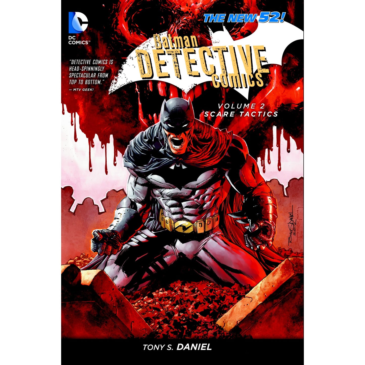 Batman: Detective Comics Vol. 2: Scare Tactics graphic novel cover: Enraged Batman roars, tensed, in dark rubble with a blood-red, dripping background