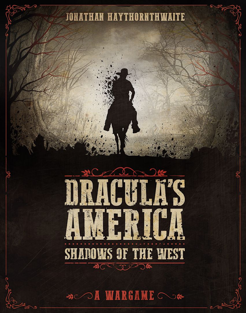 A silhouetted cowboy rides a horse through a dark, gnarled forest on the cover of "Dracula's America"