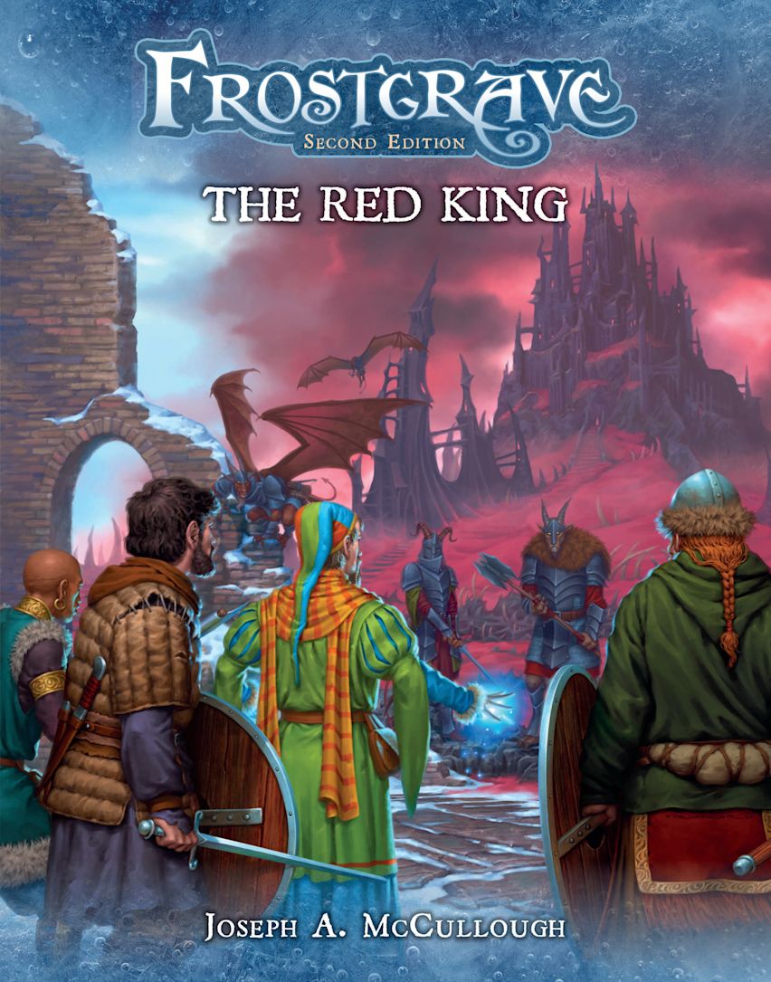 Frostgrave: The Red King cover art, fantasy warband battles monstrous creatures before a dark, spiky castle under an ominous red sky