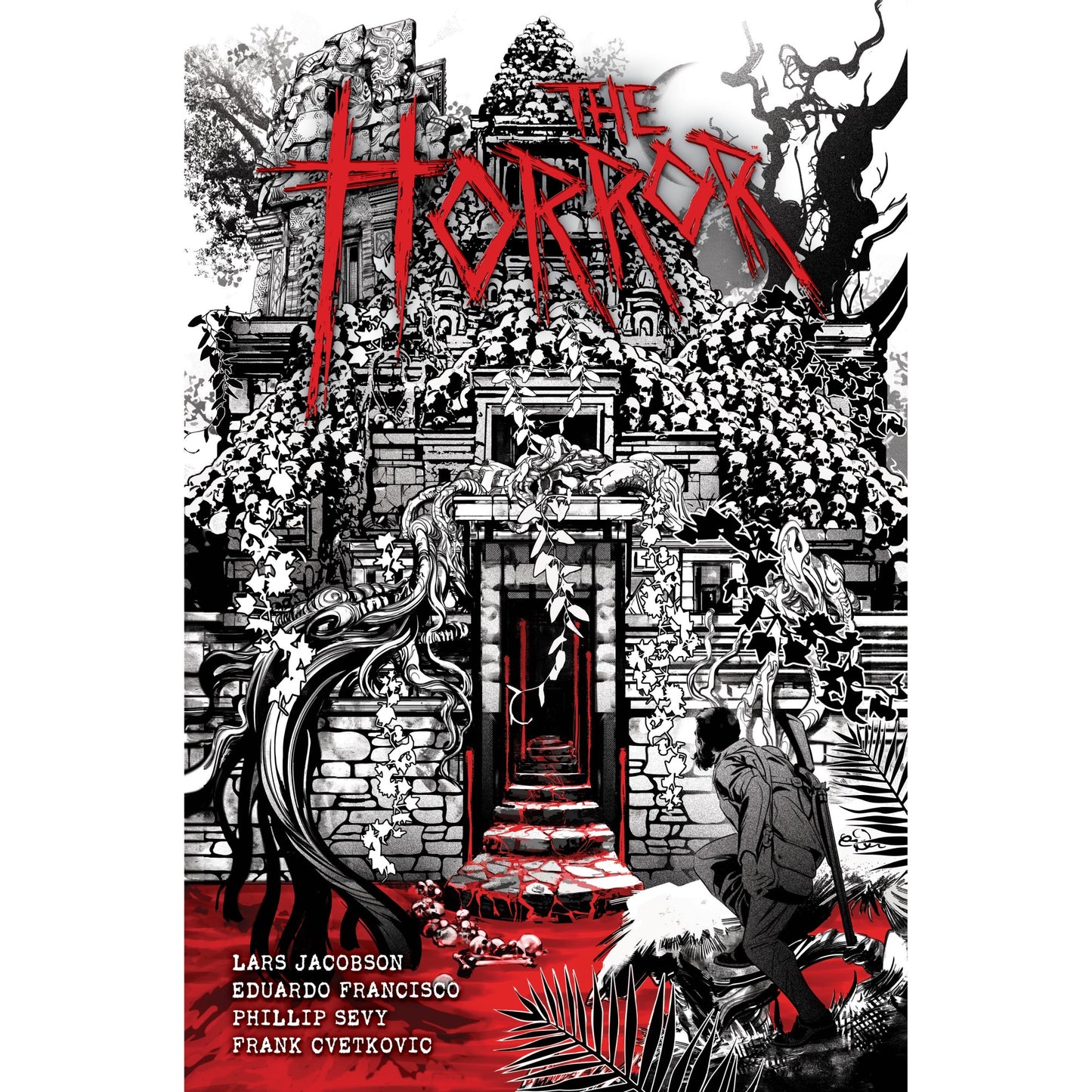 The Horror Book cover depicts an ancient, skull-covered temple in black and white with red blood, a crouching explorer, and the title The Horror in red