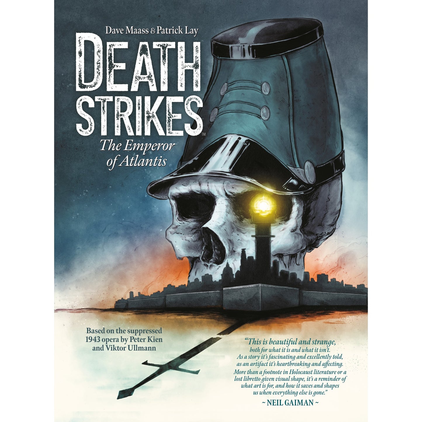 Dark Horse Death Strikes_ The Emperor of Atlantis graphic novel cover features a skull in a military cap with a glowing lighthouse eye, overlooking a cityscape and a submerged sword