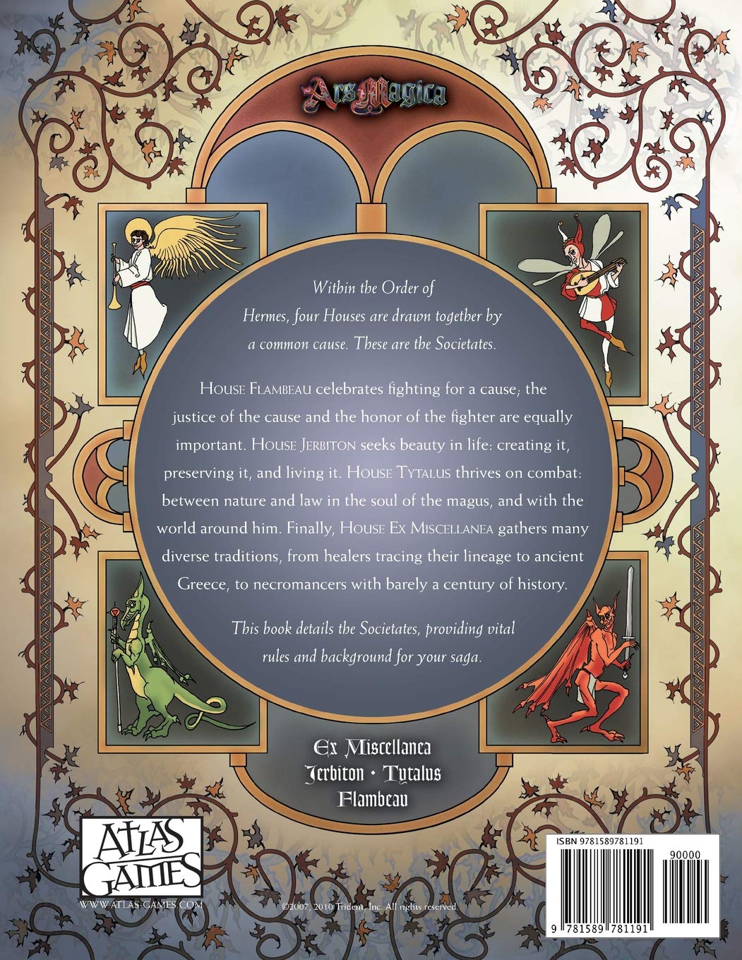 Ars Magica Fifth Edition Houses of Hermes Societates sourcebook back cover featuring four illustrated house symbols and text describing their principles against an ornate scrolling leaf background