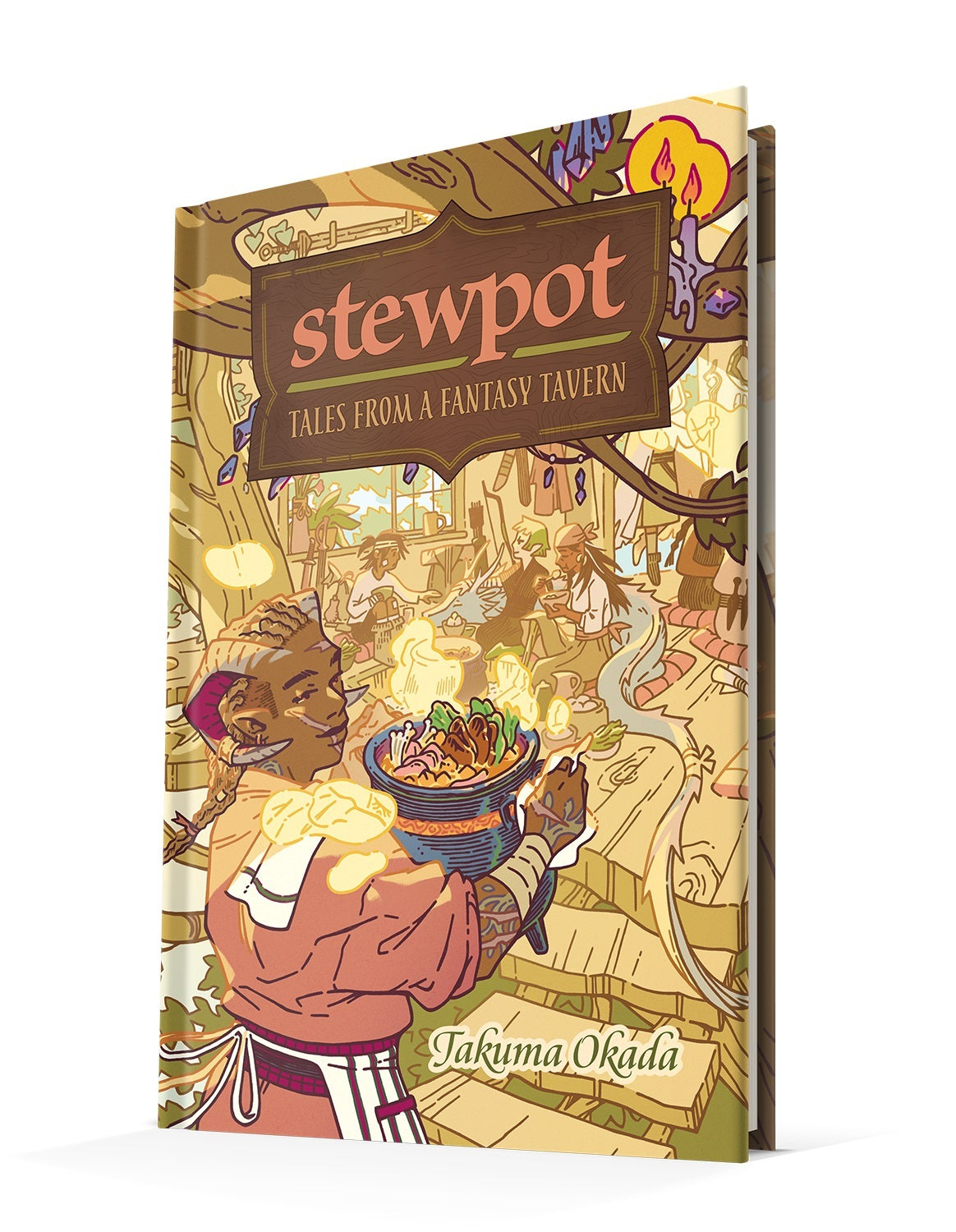 Stewpot Tales From A Fantasy Tavern illustrated softcover depicts a horned chef presenting a steaming pot of stew within a busy, rustic tavern setting