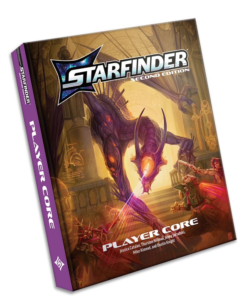 The Starfinder Second Edition Player Core rulebook displaying its vibrant cover art where heroes fight a giant purple creature in a futuristic ruin